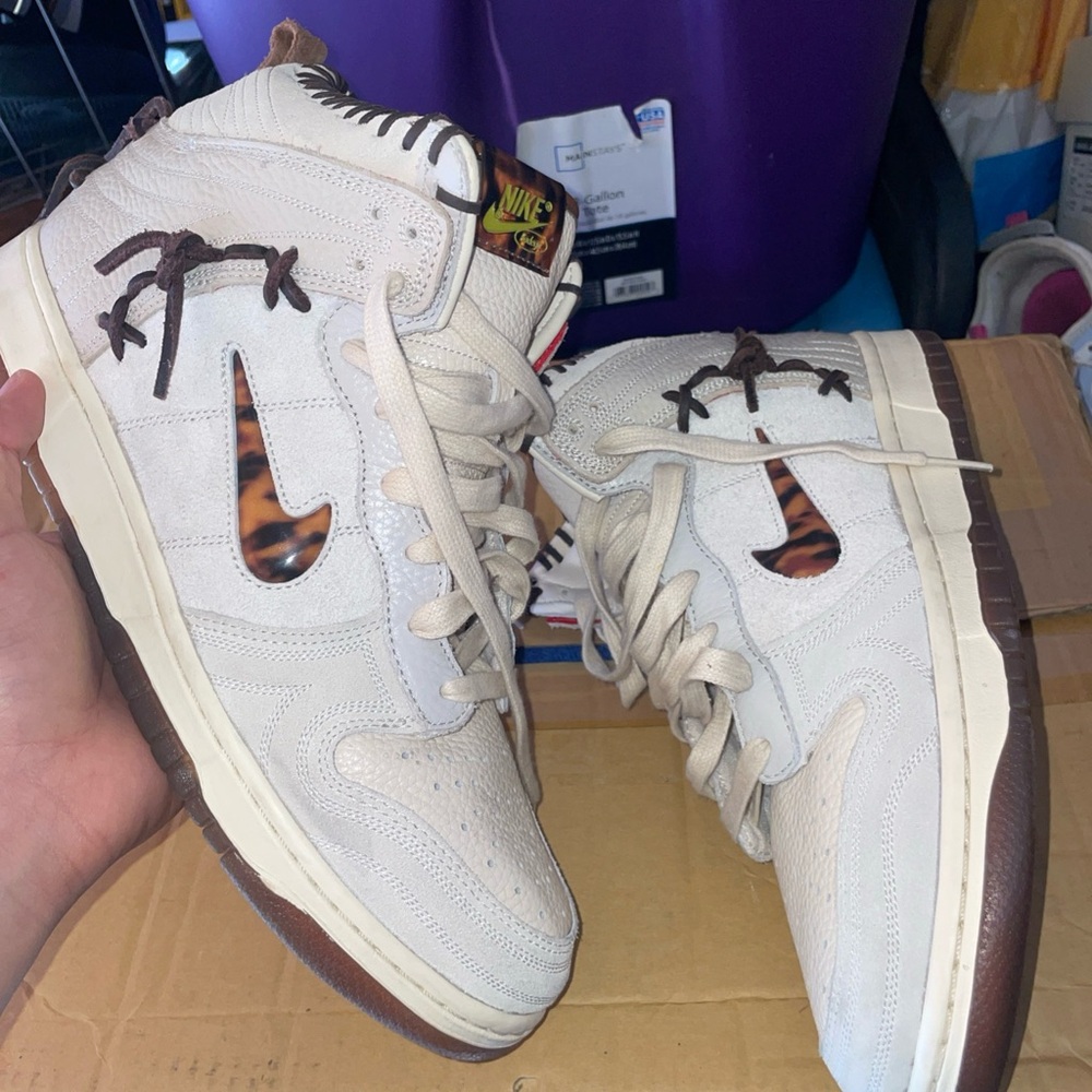 Nike Dunk High Cream and Brown Sneakers with Tortoise Shell Swoosh